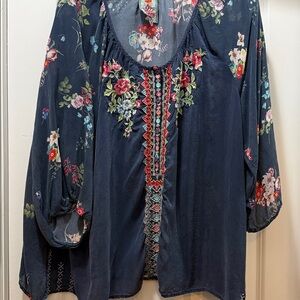 SOLD!!  SOLD!!!   JOHNNY WAS BLOUSE in Navy floral with embroidery EUC sz XL